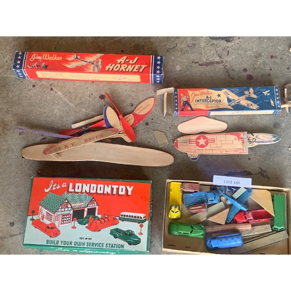 Vintage Londontoy Vehicle & Jim Walker A-J Hornet Rubber Band Plane  & Inceptor Folding Wing Glider