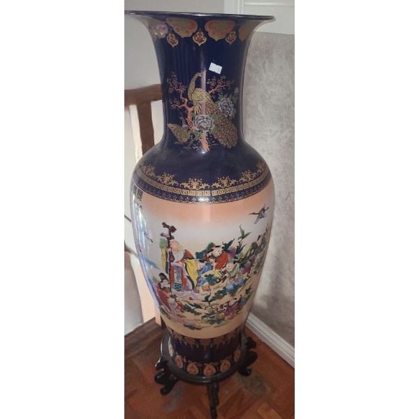 Asian Design Floor Vase w/ Wooden Stand10.5" Diameter Top, 43 T  