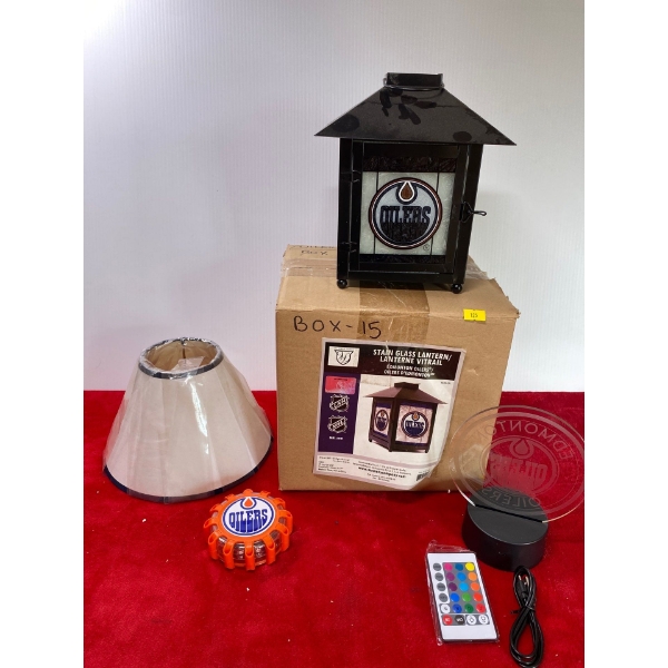 Oilers Stain Glass Lantern, Acrylic LED Sigh, and Hokey puck Light
