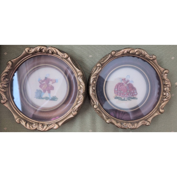 Small Circular Framed Needlepoint Artworks with Ornate Metal Frames