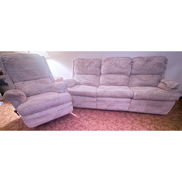 Beige Reclining Sofa Set with Matching Recliner Armchair