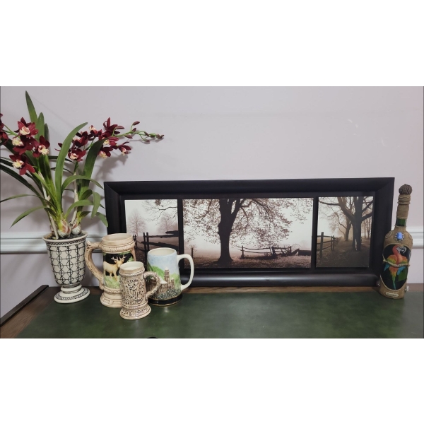 Horizontal Art Print 42W w/ Faux Orchid Plant & Foreign Collectable Beer Steins 