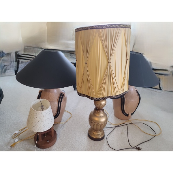 Vintage Gold Lamp  14 dia, 36 h, Matching Pair of Carmel/Black Lamps & Wood Side Table Lamp