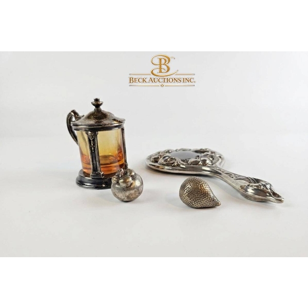 Silver-Toned Decorative Objects with Amber Glass Lidded Container