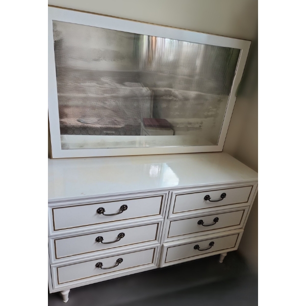 Vintage 9 Drawer Wooden Dresser and Attached Mirror 48 W, 16 D, 58 T 