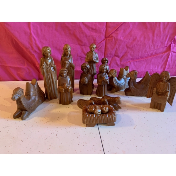 Vintage 15 Piece Hand Carved Nativity Scene