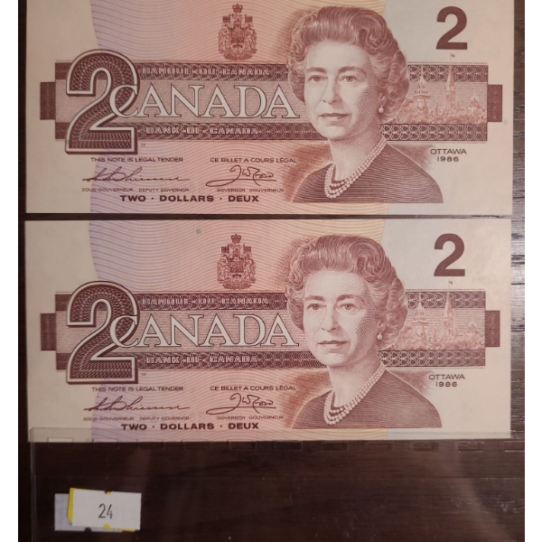 Bank of Canada 1986- $2 Sequential Bills BUW1888641/ 42