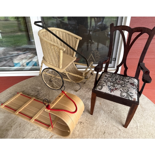 Collectible Doll Accessories - Upholstered Chair Sled & Wicker Baby Buggy