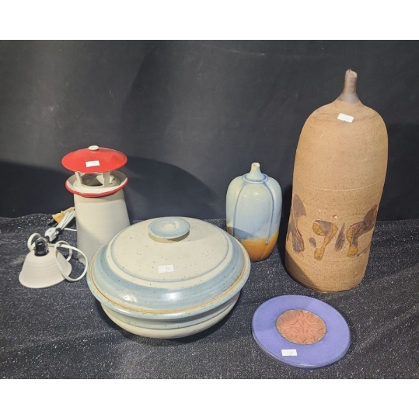 Assorted Pottery: Covered Dish 9" Top, 6 T, Brown Single Stem Vase w/ Motifs 14.5 T and More!