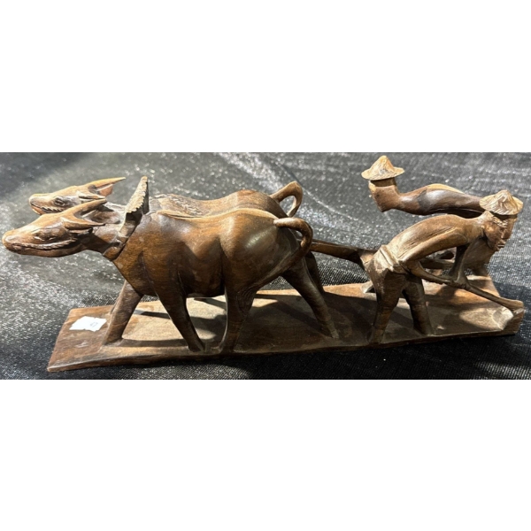 Hand Carved Wooden Sculpture of Farmers & Oxen