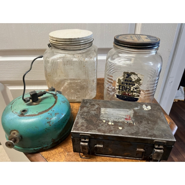 Vintage base oil, lantern, vintage glass square jar, vintage blue ribbon, coffee, canister, and vint
