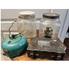 Image 1 : Vintage base oil, lantern, vintage glass square jar, vintage blue ribbon, coffee, canister, and vint