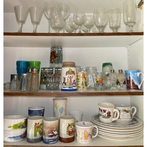 Double Cupboard Contents - Everyday Dishes Cambels Soup Bowls Stemware & More