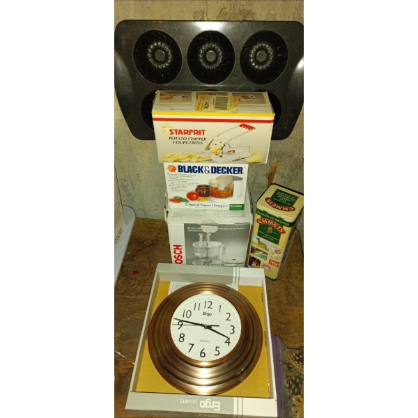 Brand New Potato Chipper, 2-Speed Super Chopper, Bosch Juicer, Ergo Quartz Wall Clock w/Muffin Tray