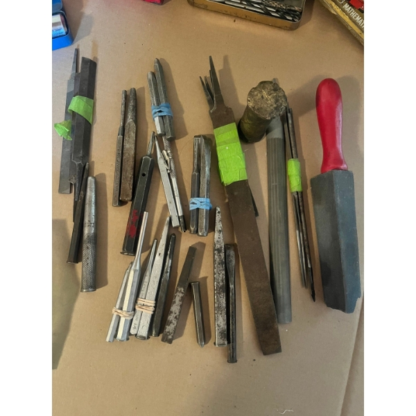 Variety of files and vintage cold chisels and punches by Vlchek, plus steal punch stand