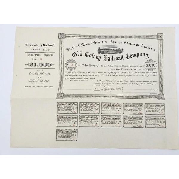 Antique 1885 $1,000 Bond For The Old Colony Railroad Company, Featuring 11 Vouchers. 