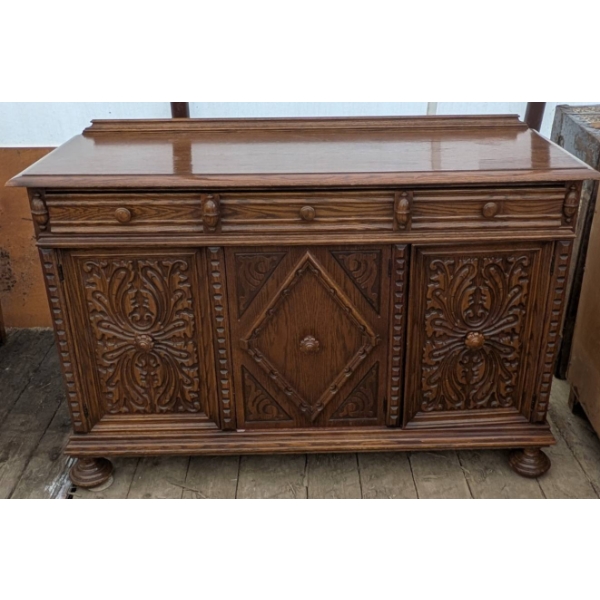 Carved Oak Hutch or Buffet with Storage, Circa 1940s