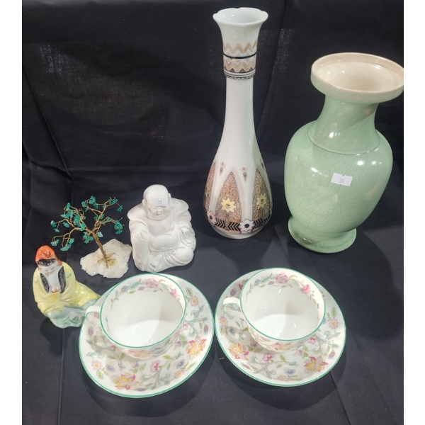 Celedon Crackle Vase 4" Base, 10 T, Asian Vase 11.5 T, Buddha 3.5 W, 5 T, Minton Teacups and More!