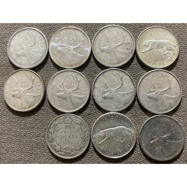 Canadian 25-cent Pieces 80% Silver 64.13 Grams