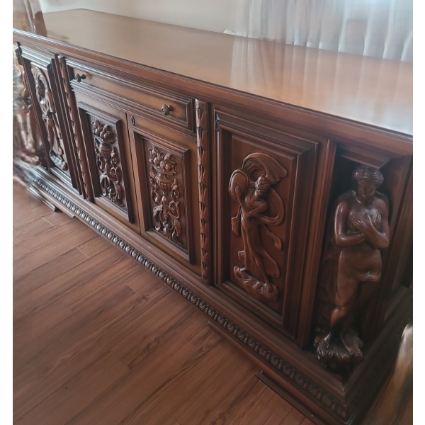 Vintage Italian Wood Sideboard w/ Carved Detail and Figures 79 W, 21 D, 37 T, Keys Included