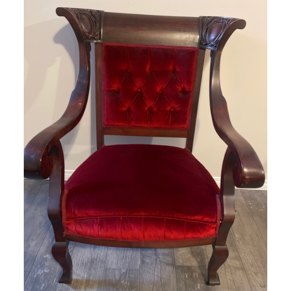 Antique Victorian Upholstered Arm Chair - Empire Tuffed Red Velvet w/ Mahogany Base 29x25x23