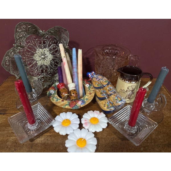 Antique Star Shaped Decorative Bowl Glass Taper Candle Holders Pink Glass Pitcher & more