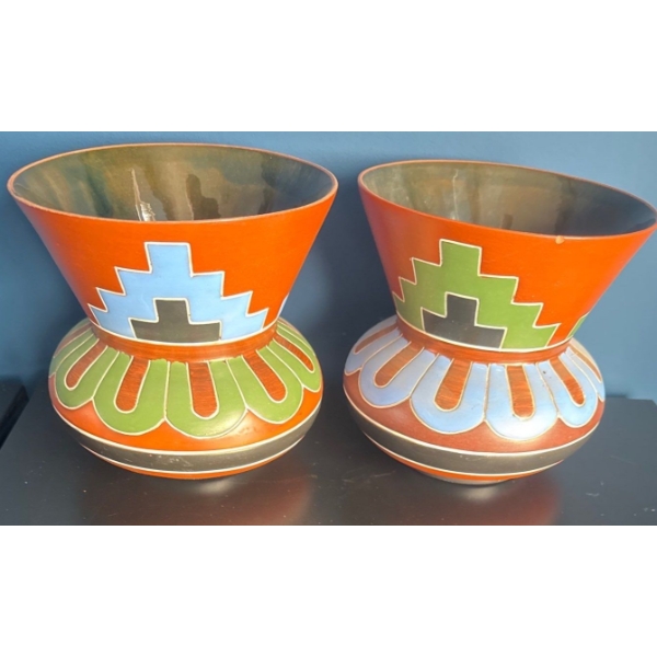 Mid Century Mexican Redware Art Pottery Vases ft. Mayan Motifs 11Tall