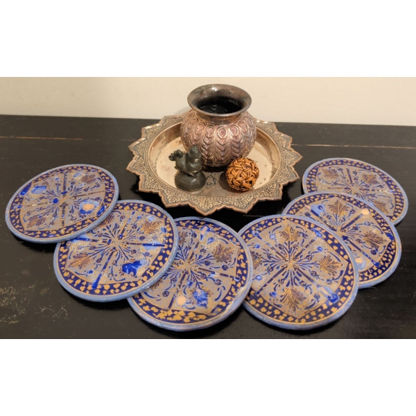 Stamped Sterling Hindu Kalash & Decorative Thali Plate w/ Coaster Collection 