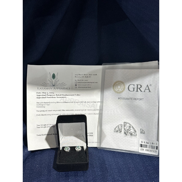 2ct Round Blue Moissanite with 40 Cubic Zirconium Chips Set in Sterling Silver Earrings