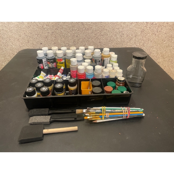 Various art/craft supplies, Artist Series Acrylics, Tamiya Paints, Assorted Supplies