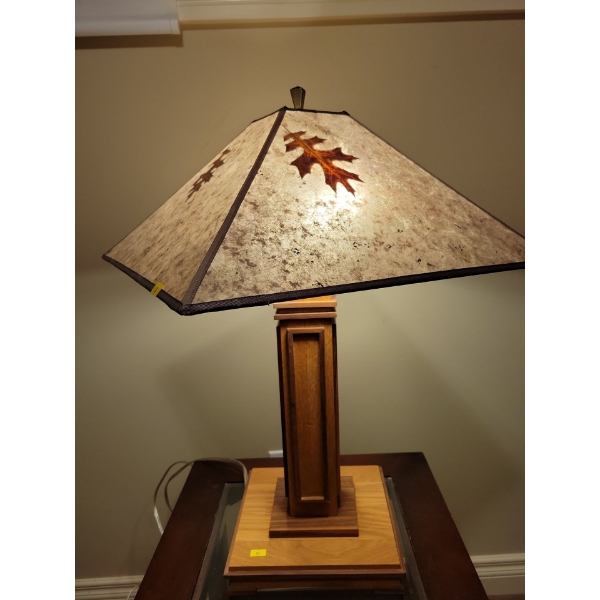 Alberta Table Lamp 28T Oak w/ Walnut Trim Silver Mica Shade w/ Leaves