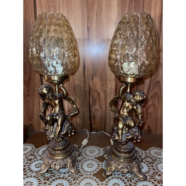 Vintage MCM Crystal with Brass Cherub Rare Lamps  28"tall