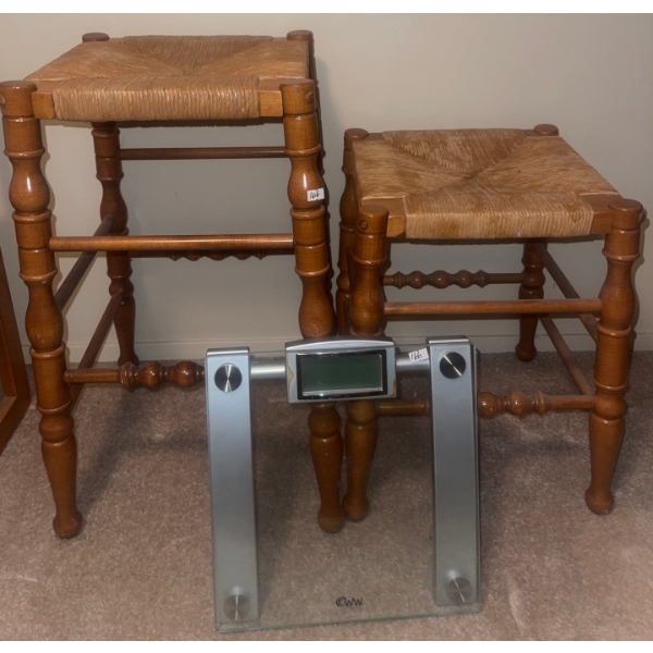 Two Hand Woven Bar Stools W/ Bathroom Scale 30"tallest stool