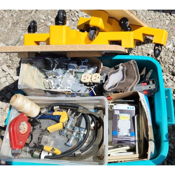 Green Bin of Tools and Hardware Incl: Electric Plugs/ Plate Covers, Allen Keys, Crowbars and More!