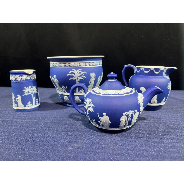 Blue Wedgewood China Set - Teapot, Cream & Sugar, and Flowerpot