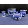 Image 1 : Blue Wedgewood China Set - Teapot, Cream & Sugar, and Flowerpot