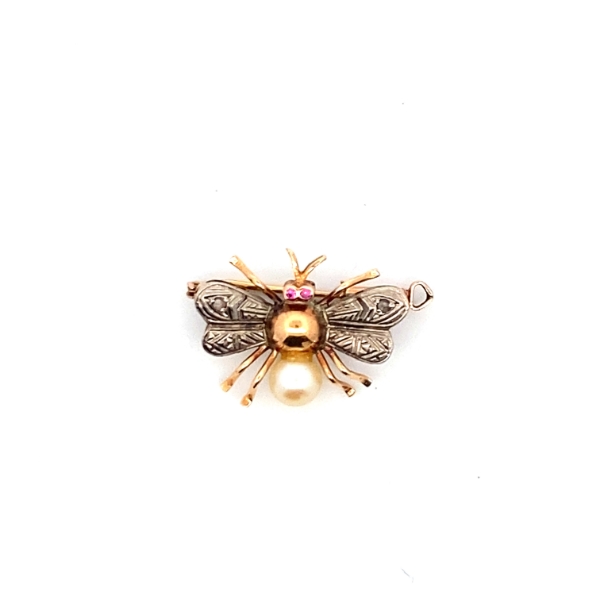 18K Two-Tone Pearl, Synthetic Ruby & Diamond Pin/Brooch 0.02CTW L-I2 2.41 grams