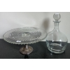 Image 1 : Antique Pressed Glass Etched Cake Stand & Clear Glass Decanter w/ Round Lid  9"t