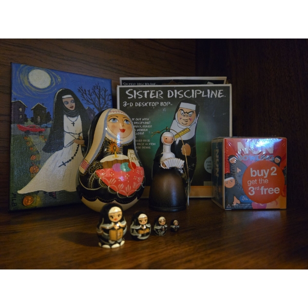 Nun Collection Including Small Nun Nesting Dolls, Nun Bell 