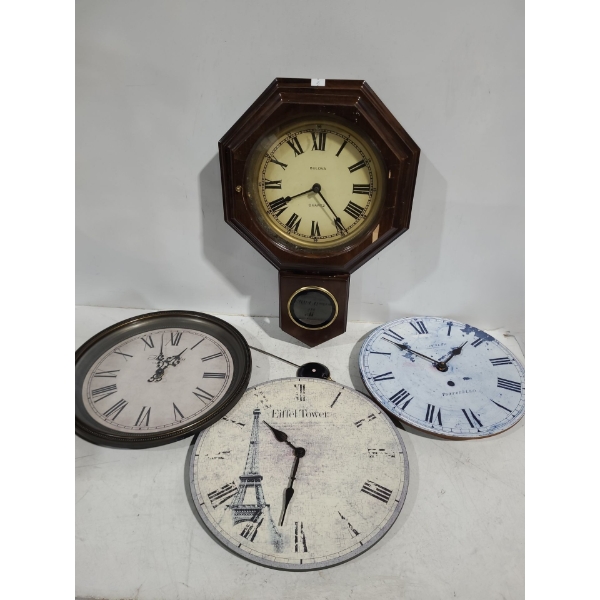 Bulova Wall Clock in Wooden Case 13.5 X 21, Other Clocks 14" Diameter Each