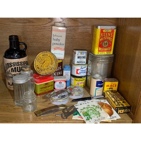 Antique Kitchen Collectables - Pocket Knife Moonshine Canteen & More