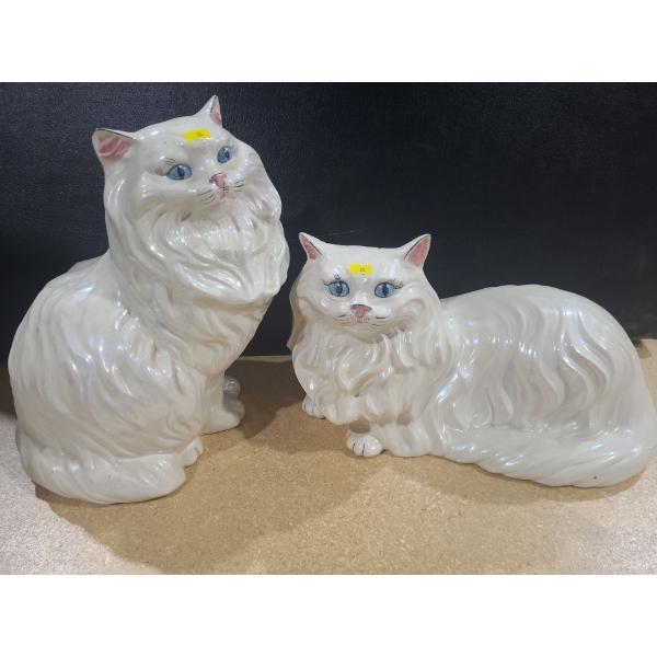 White Ceramic Cats w/ Blue Eyes 9" Base, 14.5 T and 16 W, 10 T