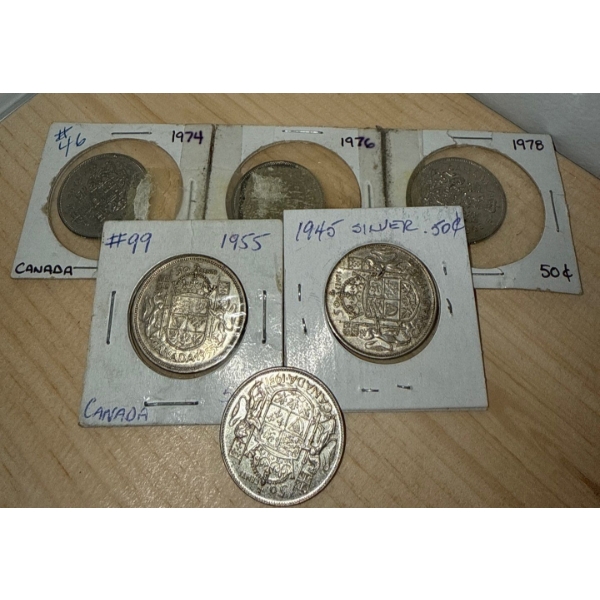 Vintage Canadian 50 Cent Pieces - Silver-1955 Silver-1945 Silver-1951 1974 1976 1978