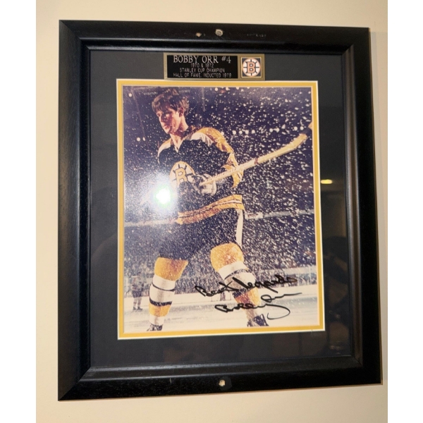 Bobby Orr Signed Photo, #4 Bruins 70 & 72 Stanley Cup and H.O.F 1979, 13 X 15, Framed Under Glass 