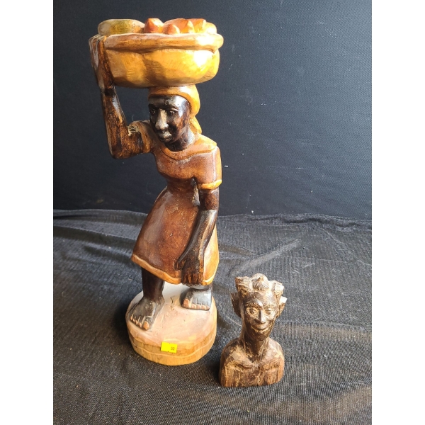 Wooden Carvings: Woman Carrying Basket 6 W Base, 17 T and Man's Face 6 T