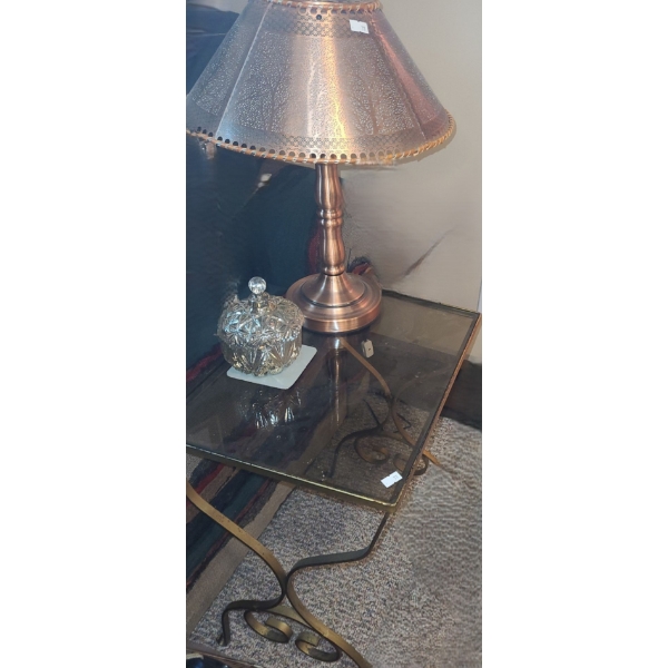 Metal and Glass Nesting Side Tables (See All Photos) Med: 14.5 W, 12 D, 20 T, Lamp and Candy Jar 