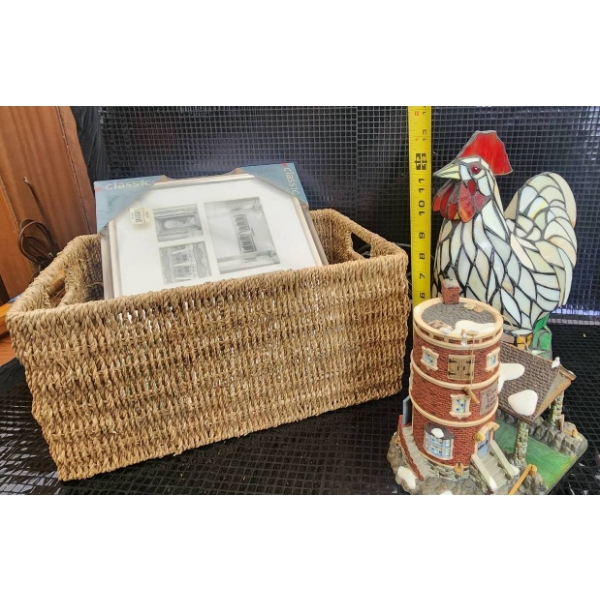 Stained Glass Rooster Lamp, Storage Basket, Frame, and Lighthouse Ceramic Piece