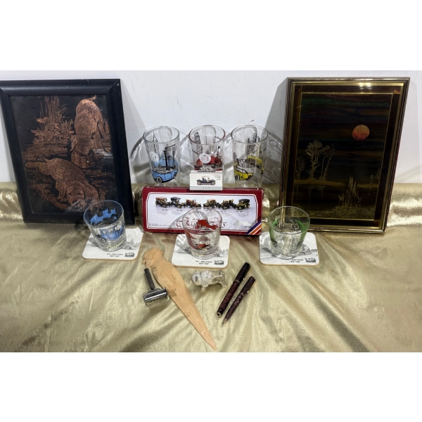 Glass Tumblers, Carved Wood Figure, Artwork, and Miscellaneous Collectibles