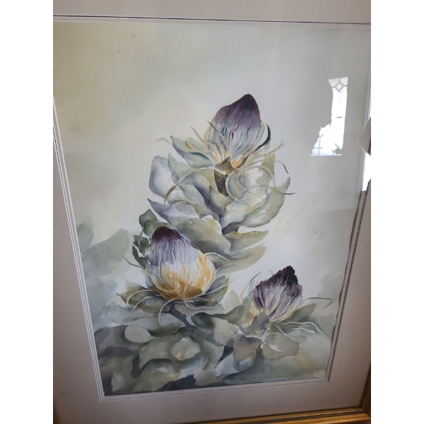 Original Protea Painting Framed Under Glass by Pierrette Dulude-Bohay 23 w 29 h