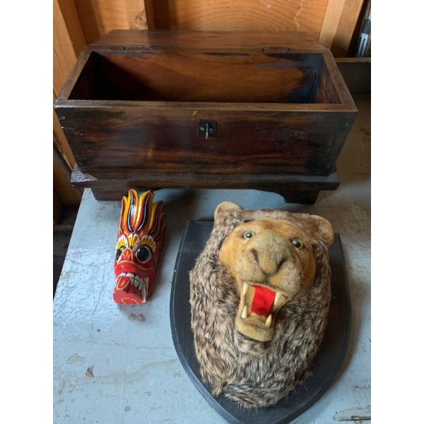Hand Carved Jewellery Box 16L w/ Tribal Figure & Lion Head 